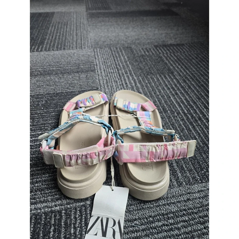 NWT Zara Kids Girls Gathered Fabric Technical Sandals Pastel Stripe Sport 32/1